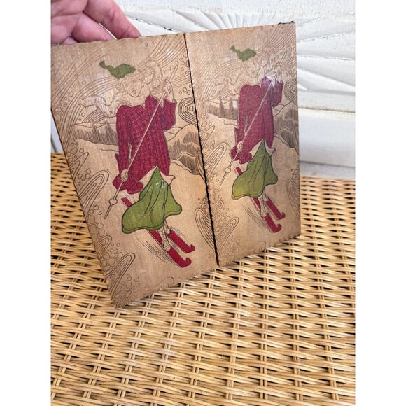 Antique 1910s Flemish Art Pyrography Hanky/Glove Box Girl Snow Skiing - Picture 4 of 14